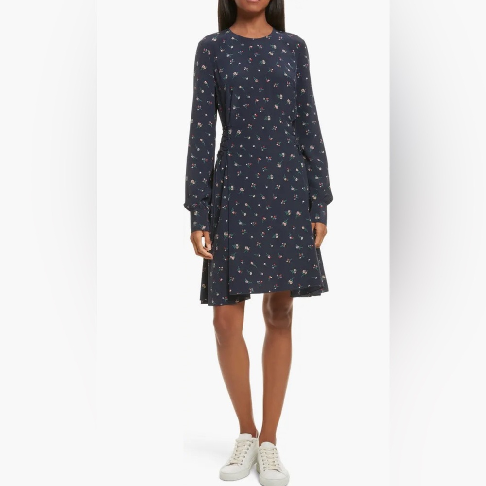 THEORY Floral Print Lace-Up Silk Dress